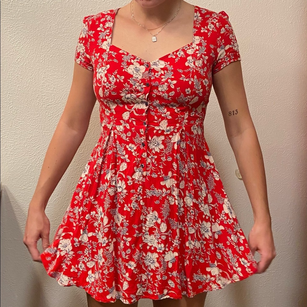 Red Floral Lace Up Dress